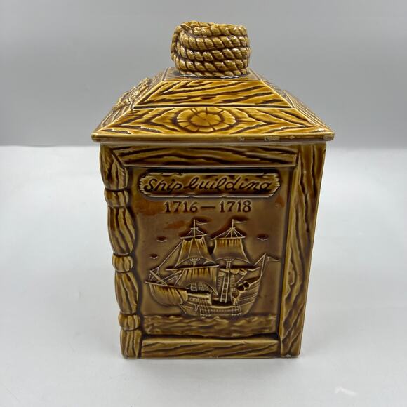 Vintage Village Inn Ceramic Faux Wood Cookie Jar 1762 Ship Building Nautical - Picture 4 of 13